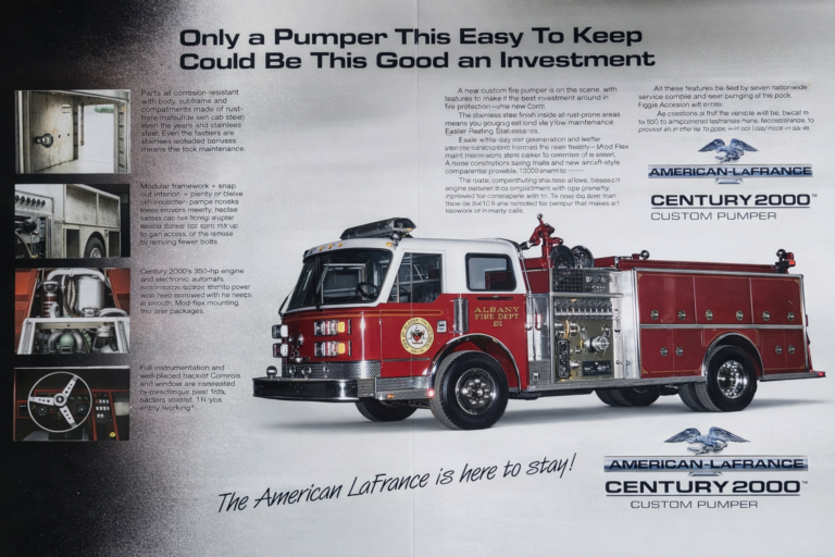 Circa 1986 American LaFrance Century 2000 original sales brochure. Featuring Albany FD Century 2000 pumper- the first built.