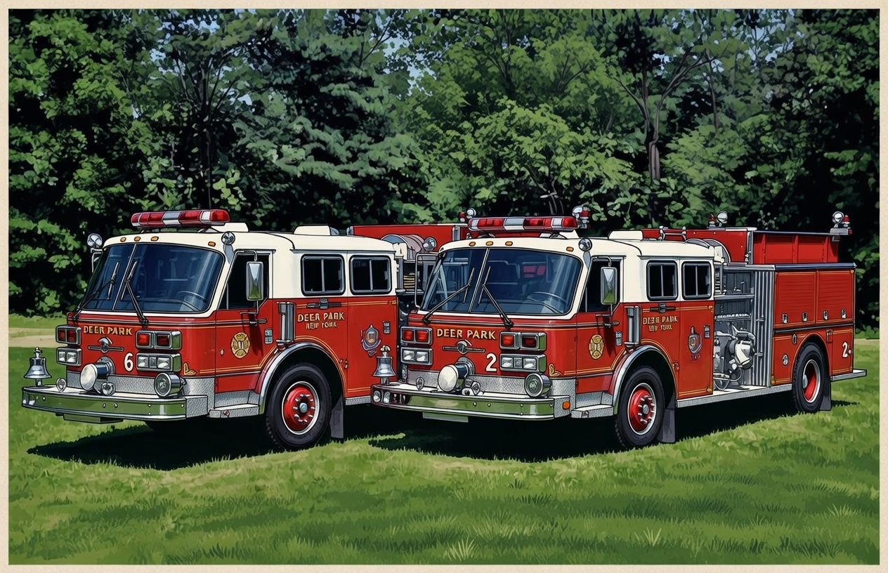 Artistic graphic featuring the twin American LaFrance pumpers built for Deer Park NY FD
